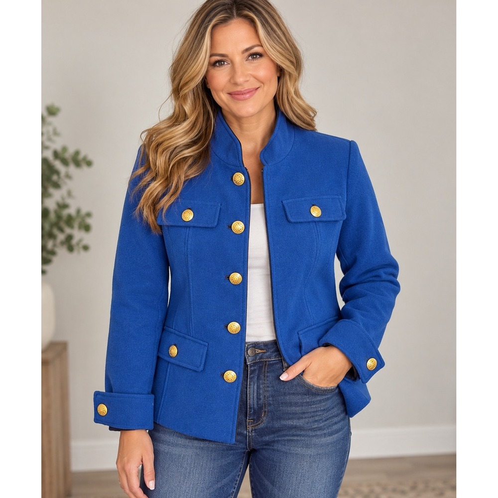 181. Linea by Louis Dell'Olio Royal Blue Mandarin Collar Gold Button Jacket M